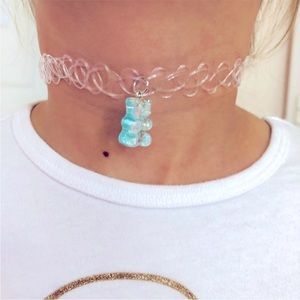 NWT Aqua Blue Gummy Bear Charm Girl Choker Necklace Jewelry Stretches to Fit New